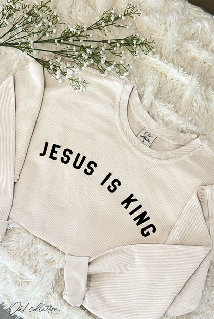 JESUS IS KING Cropped Thermal Vintage Pullover Oat Collective